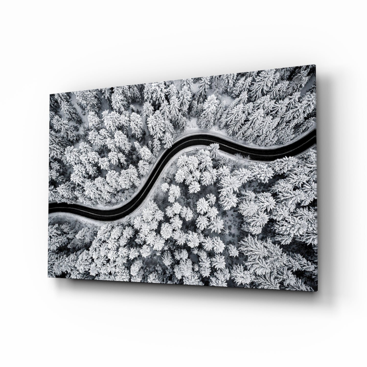 Aerial Snowy Forest Winding Road Glass Wall Art