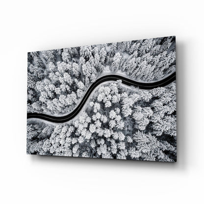 Aerial Snowy Forest Winding Road Glass Wall Art