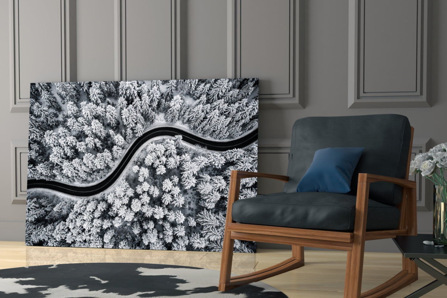 Aerial Snowy Forest Winding Road Glass Wall Art