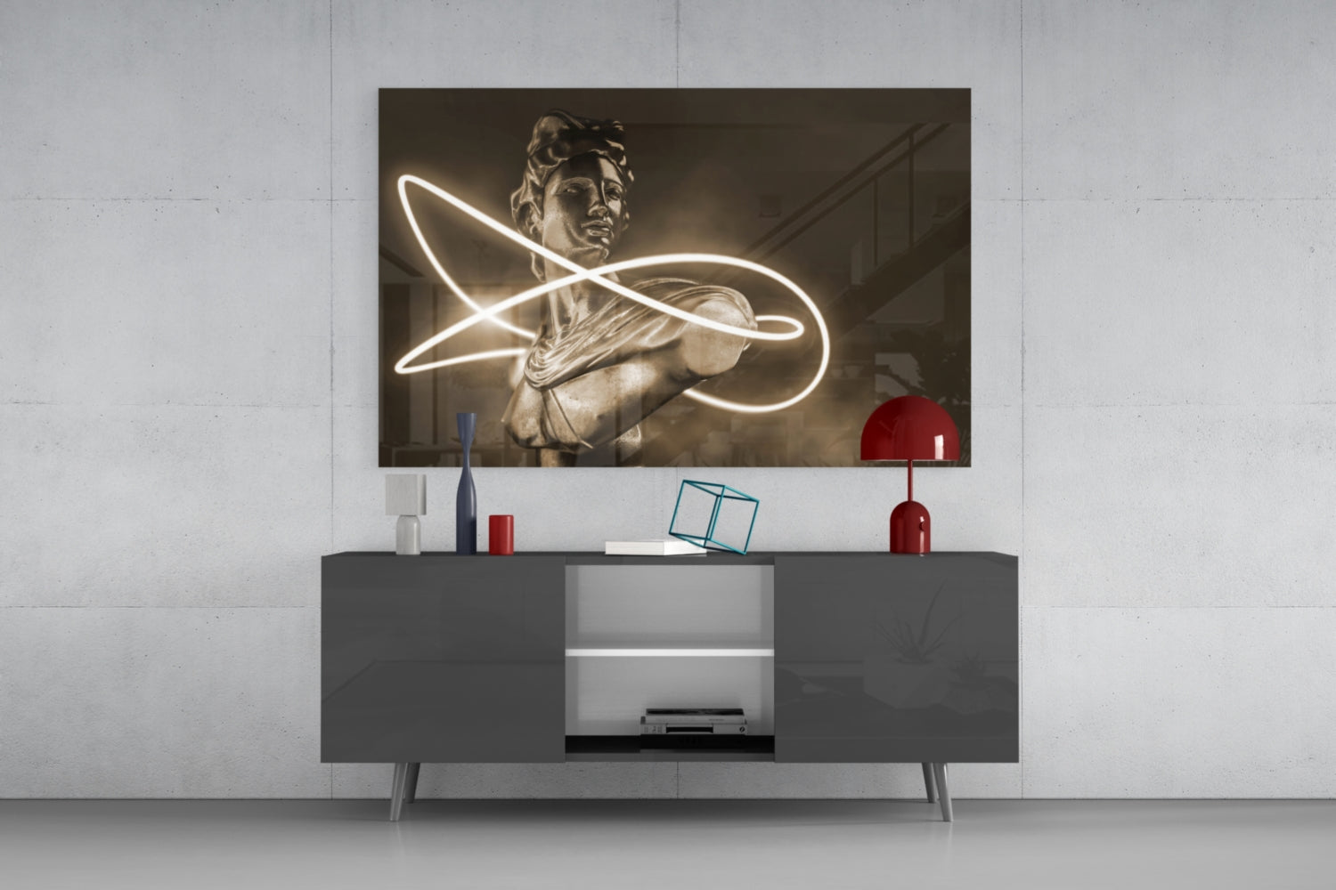 Neon Loop Statue Sepia Glow Glass Wall Art
