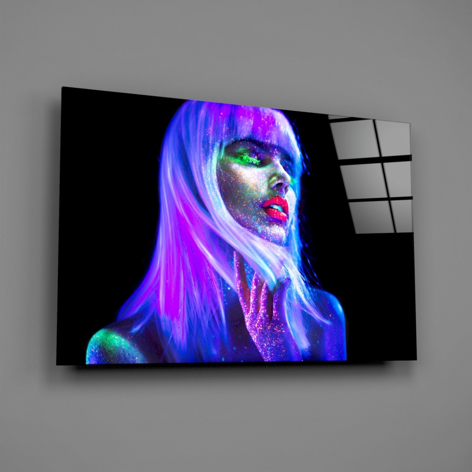 Neon Glow Purple Hair Woman Glass Wall Art