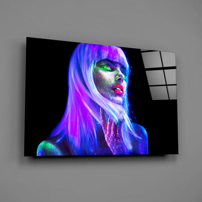 Neon Glow Purple Hair Woman Glass Wall Art