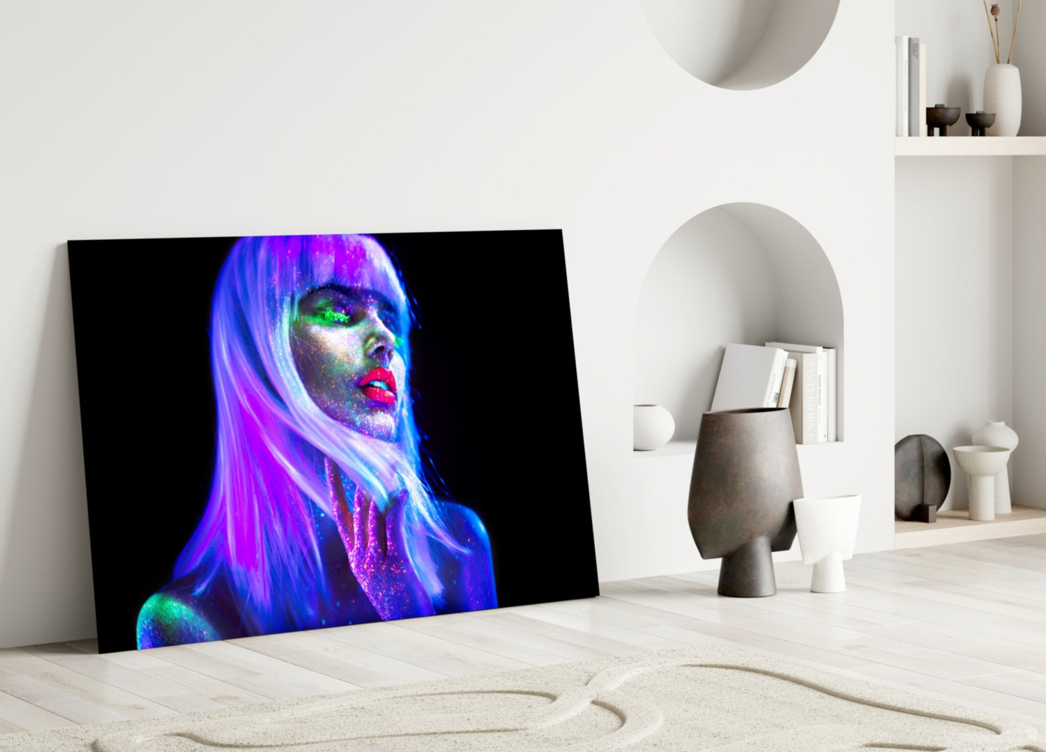 Neon Glow Purple Hair Woman Glass Wall Art