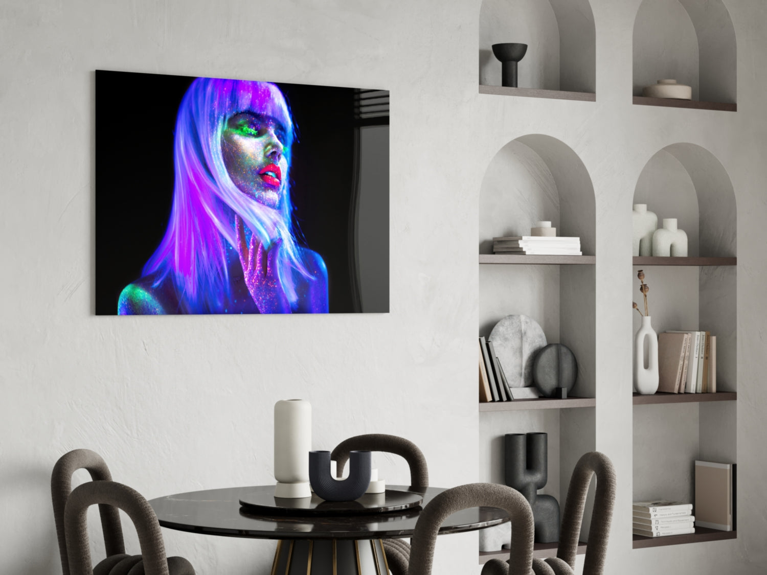 Neon Glow Purple Hair Woman Glass Wall Art
