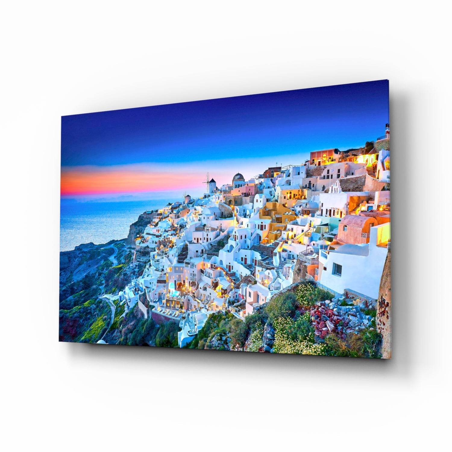 Twilight Blue Hour Cliffside Santorini Glass Wall Art
