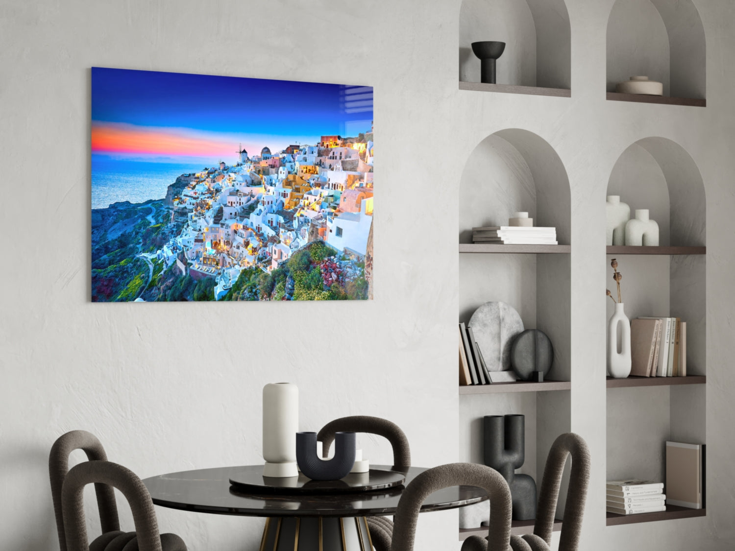 Twilight Blue Hour Cliffside Santorini Glass Wall Art