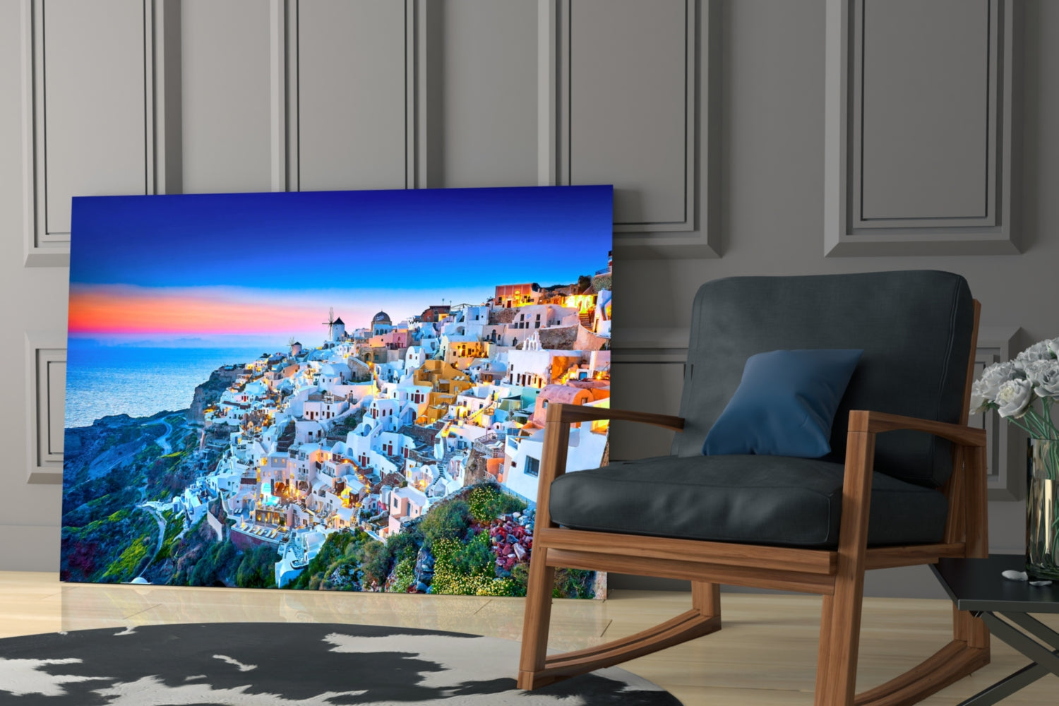 Twilight Blue Hour Cliffside Santorini Glass Wall Art