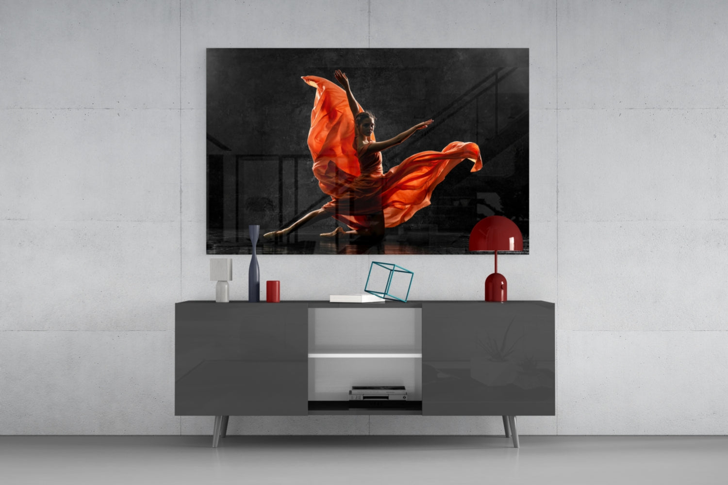 Orange Flowing Dress Dancer on Black Glass Wall Art