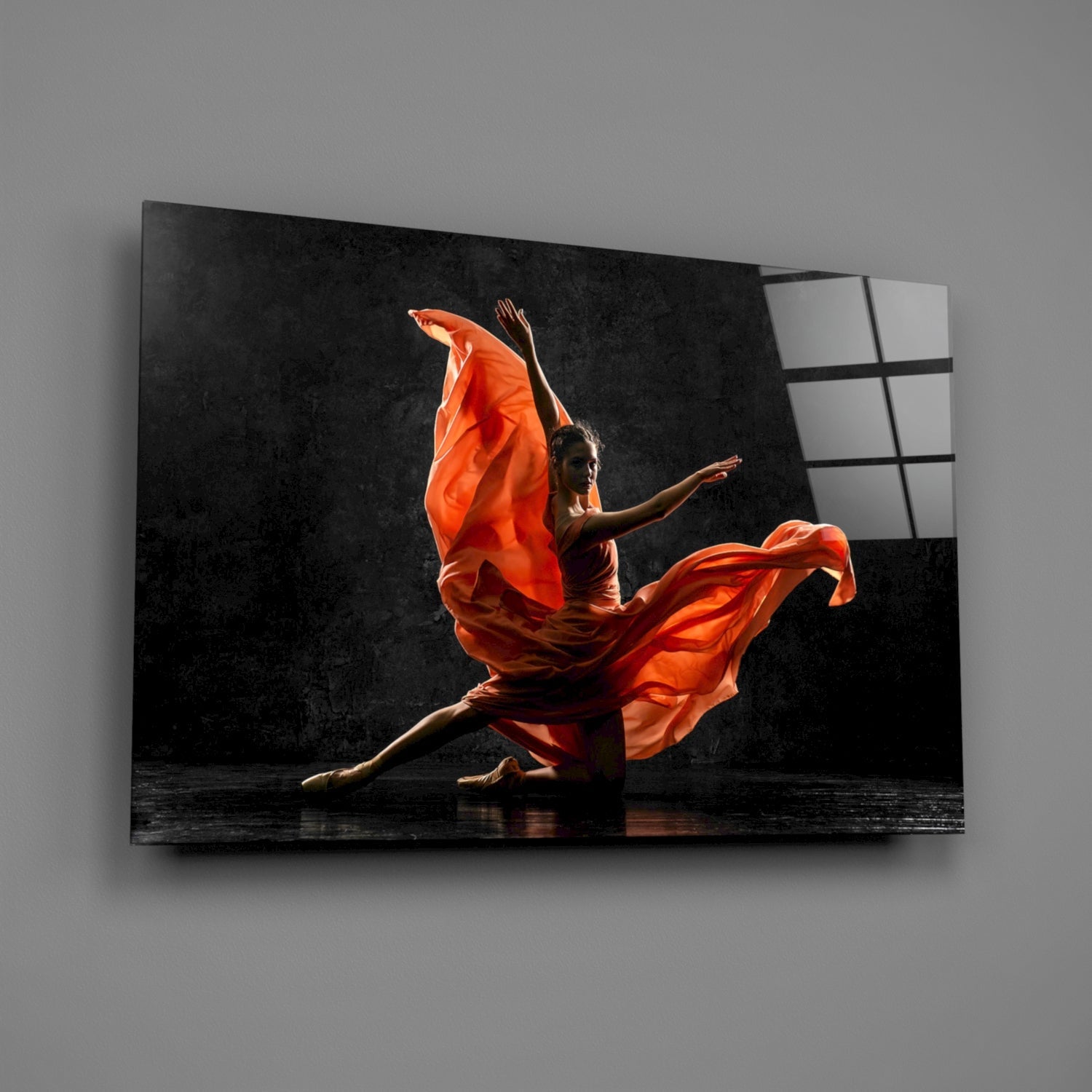 Orange Flowing Dress Dancer on Black Glass Wall Art