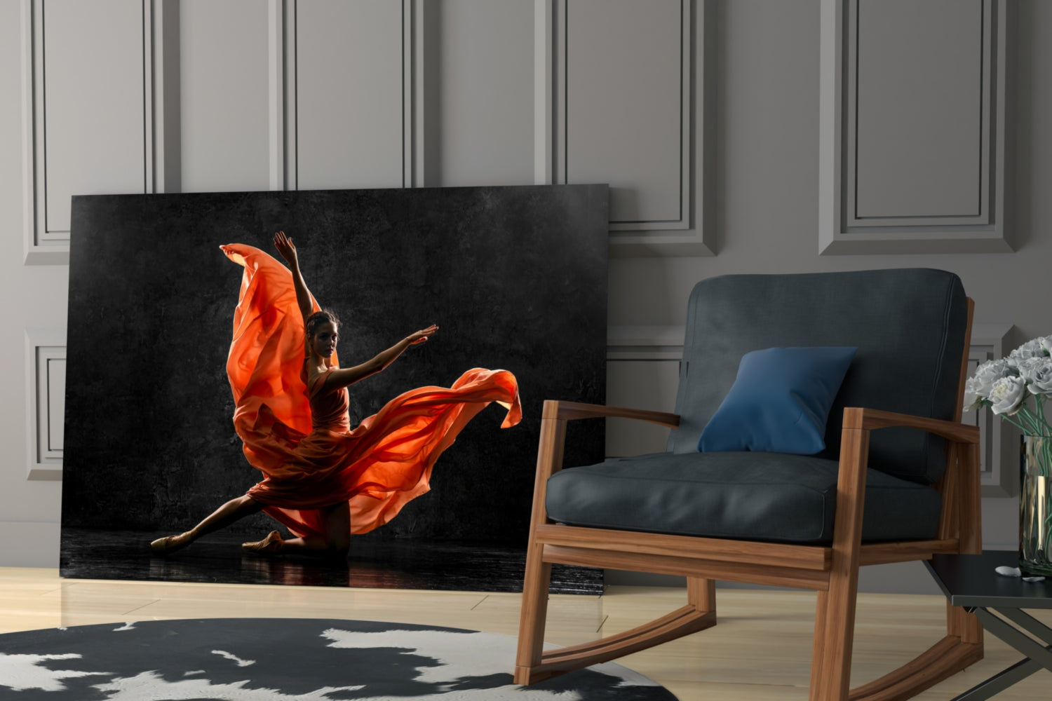 Orange Flowing Dress Dancer on Black Glass Wall Art