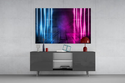 Blue Pink Neon Light Beams Glass Wall Art