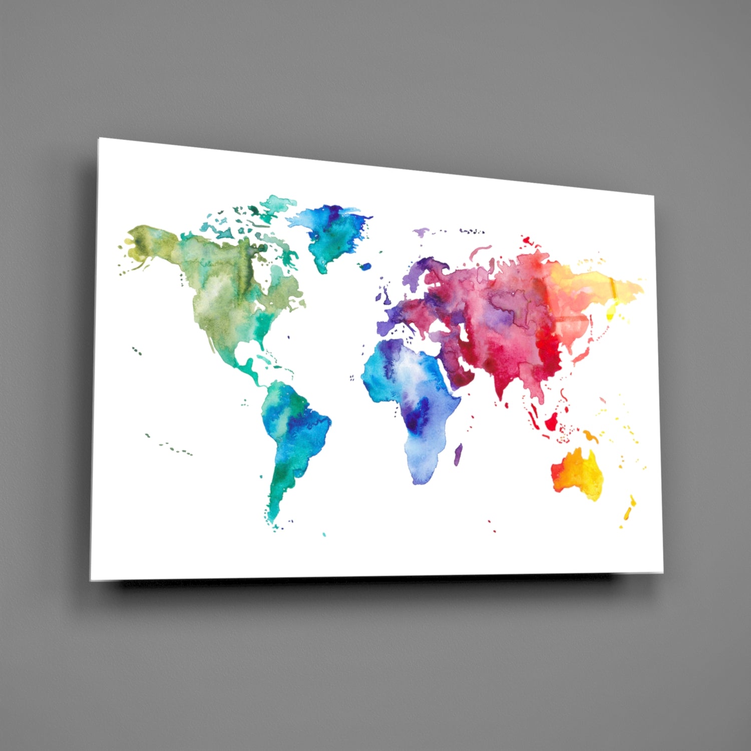 Rainbow Watercolor World Map Glass Wall Art