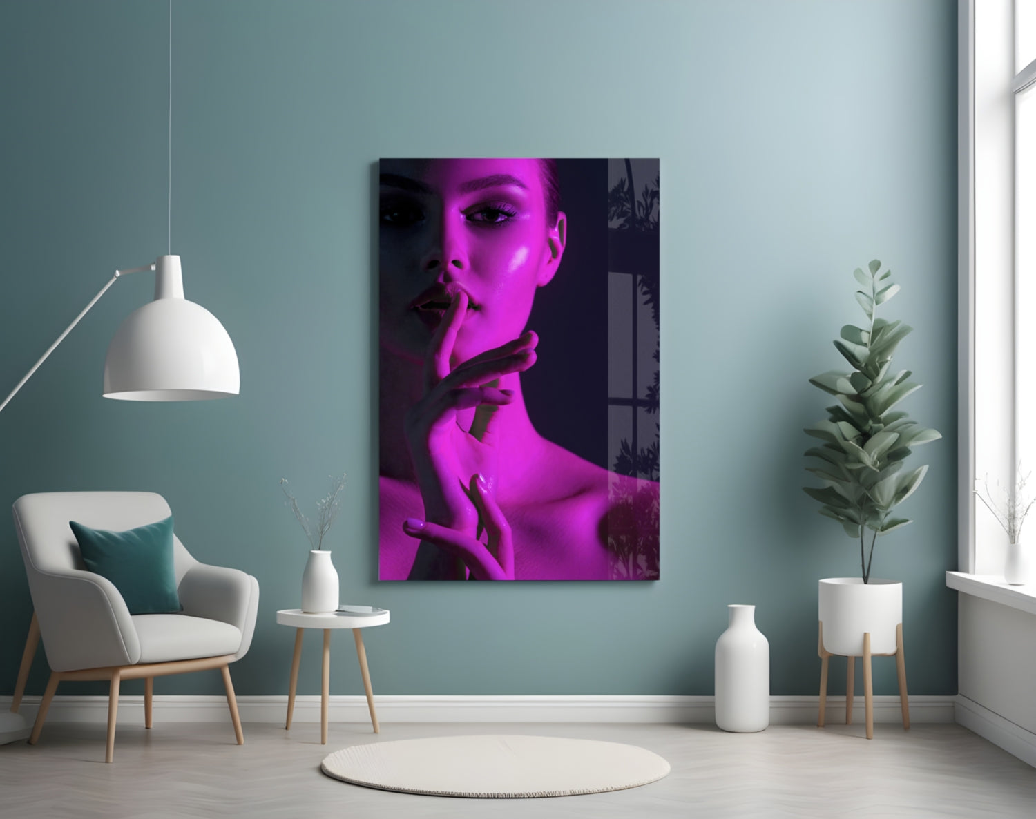 Magenta Light Shush Woman Glass Wall Art