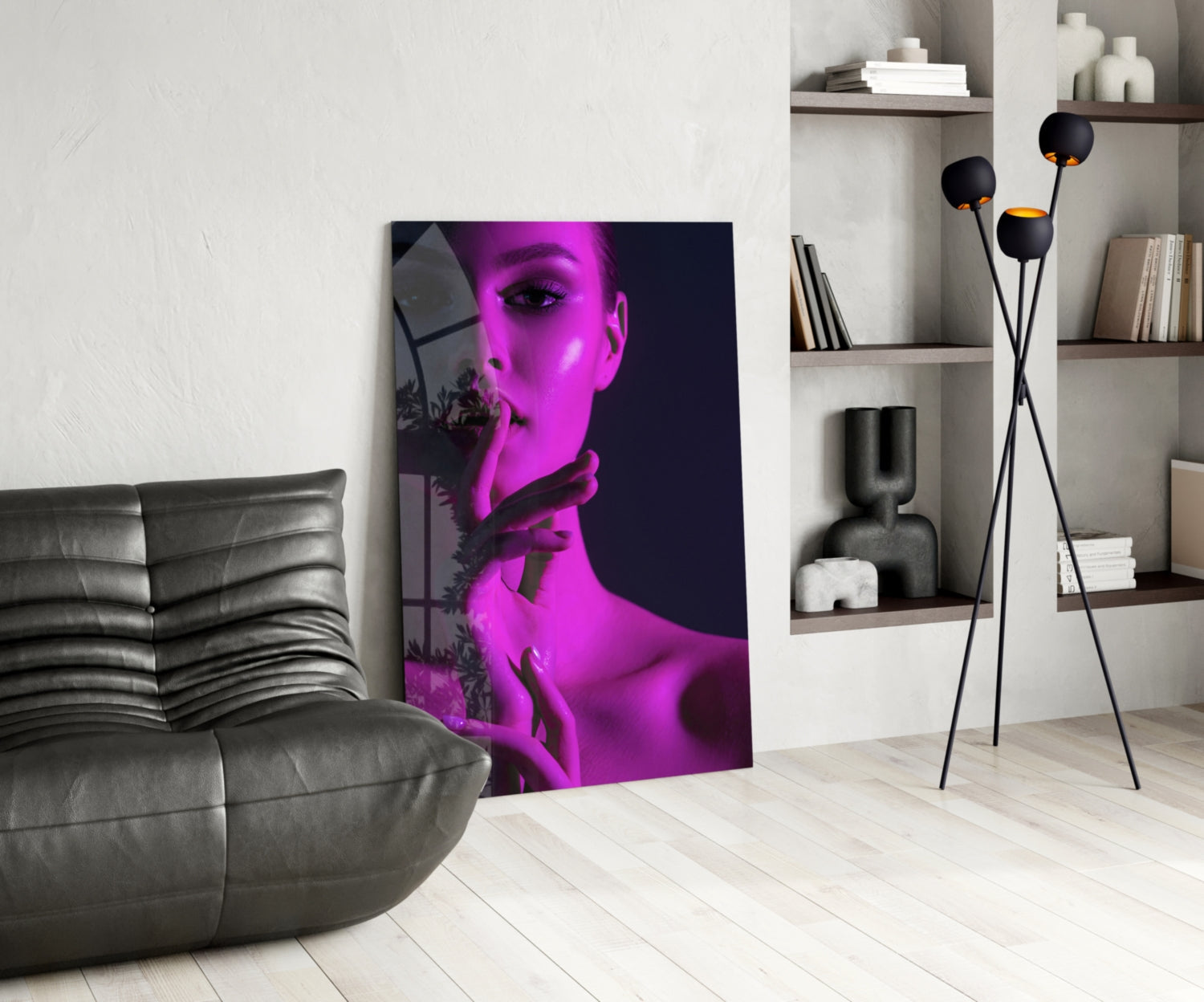 Magenta Light Shush Woman Glass Wall Art