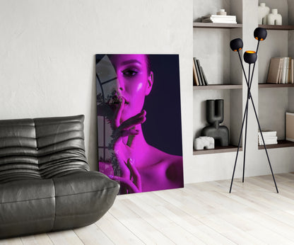 Magenta Light Shush Woman Glass Wall Art