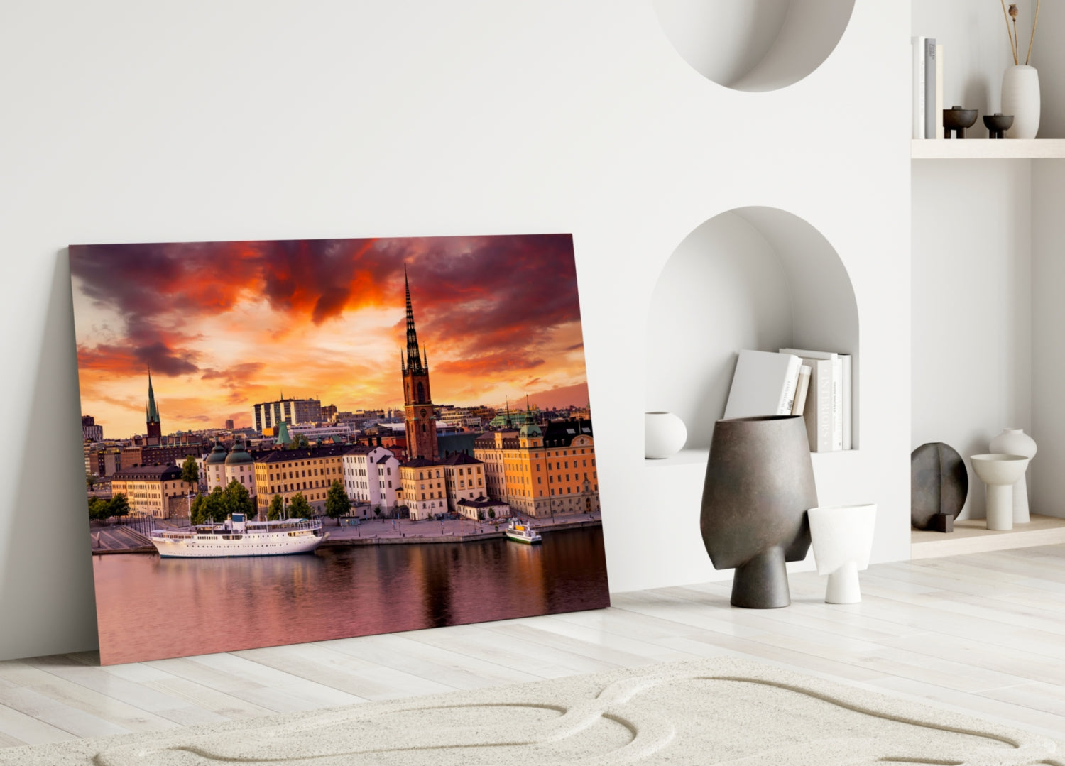 Stockholm Fiery Orange Sunset Old Town Glass Wall Art
