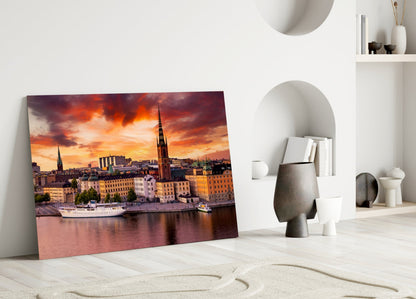 Stockholm Fiery Orange Sunset Old Town Glass Wall Art