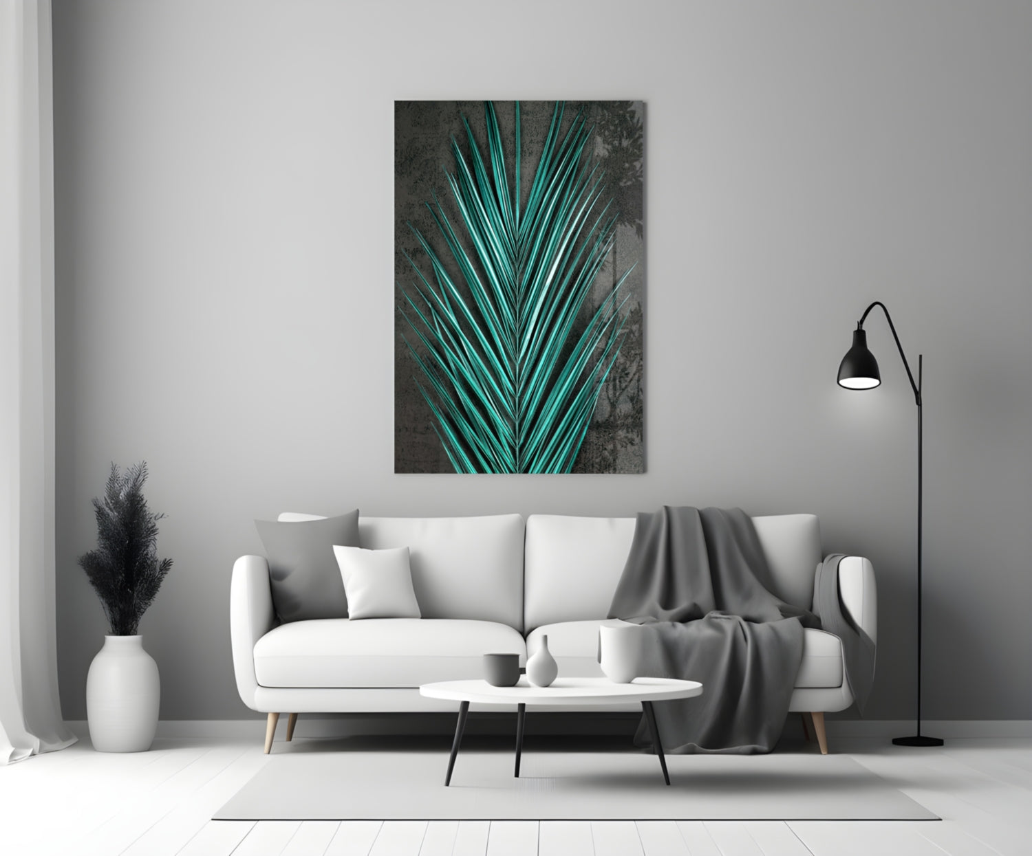 Turquoise Palm Frond Areca Bunch Glass Wall Art