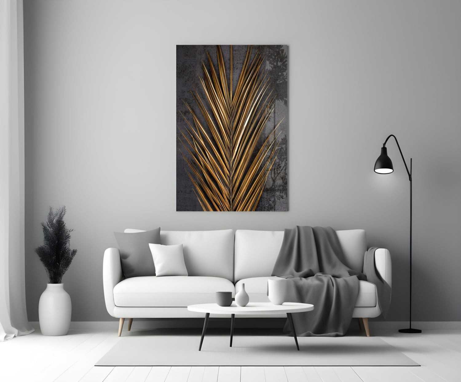 Golden Bronze Palm Frond Areca Bunch Glass Wall Art