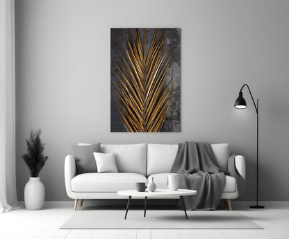 Golden Bronze Palm Frond Areca Bunch Glass Wall Art