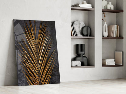 Golden Bronze Palm Frond Areca Bunch Glass Wall Art