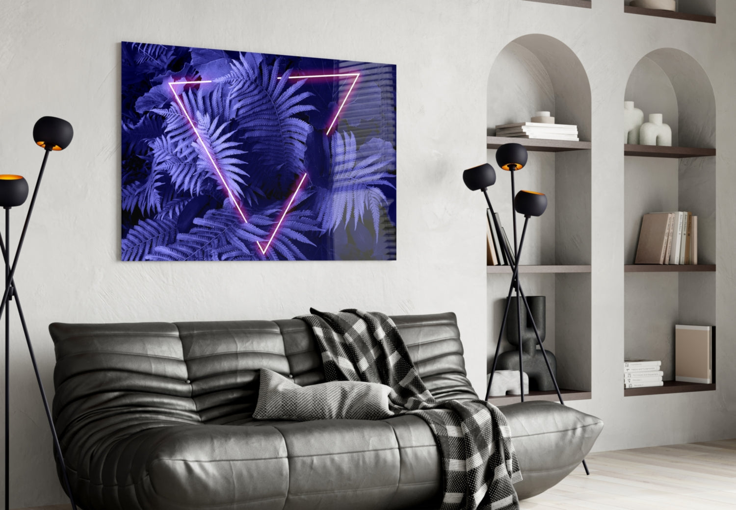 Purple Neon Triangle Ferns Glass Wall Art