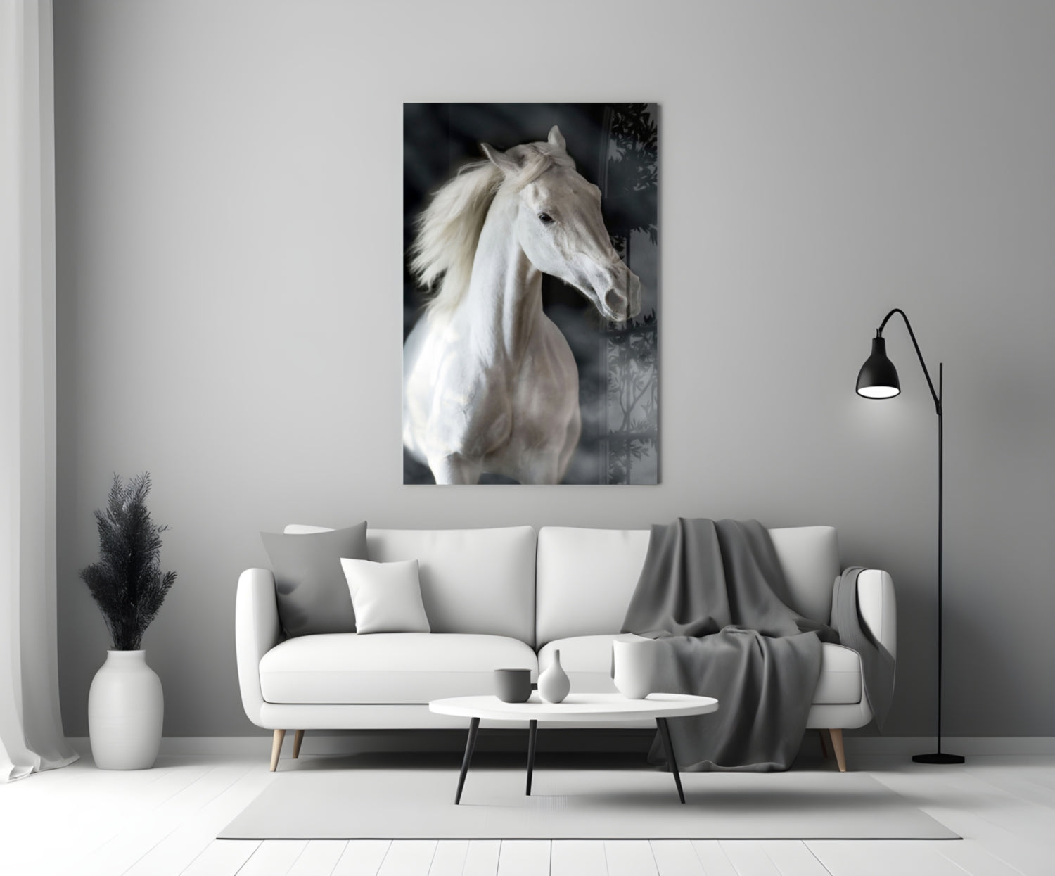 Flowing Mane White Stallion Glass Wall Art