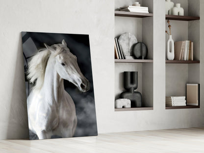 Flowing Mane White Stallion Glass Wall Art