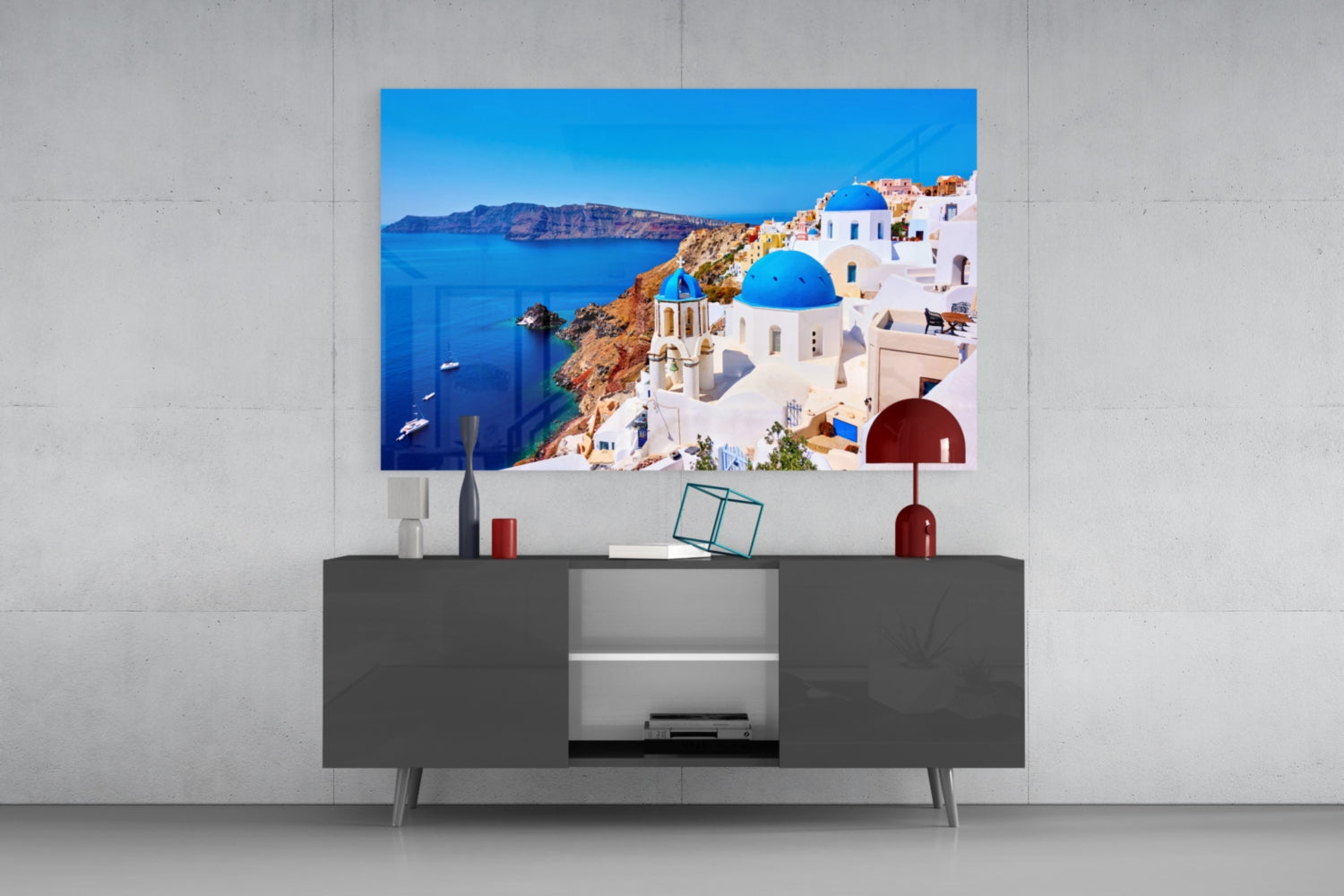 Blue Dome Church Caldera Santorini Glass Wall Art