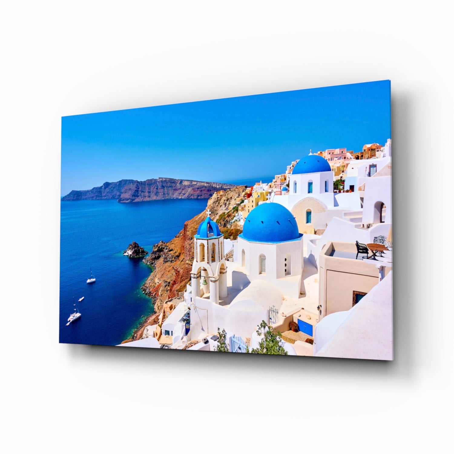 Blue Dome Church Caldera Santorini Glass Wall Art