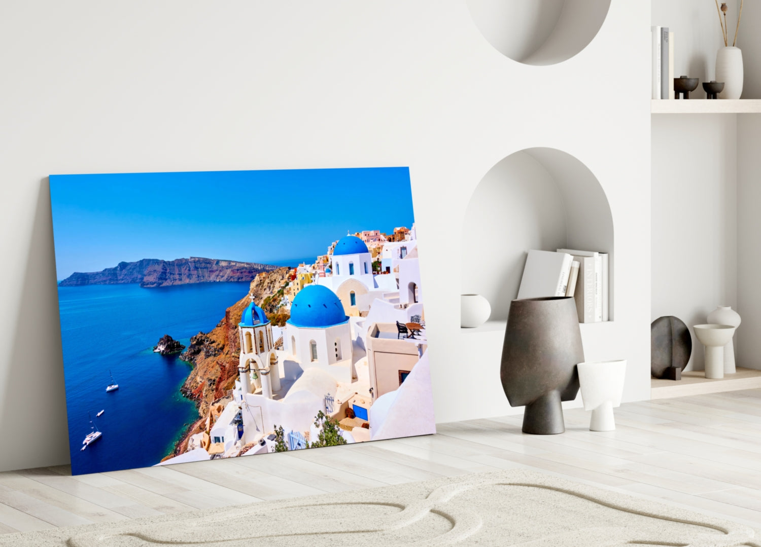 Blue Dome Church Caldera Santorini Glass Wall Art