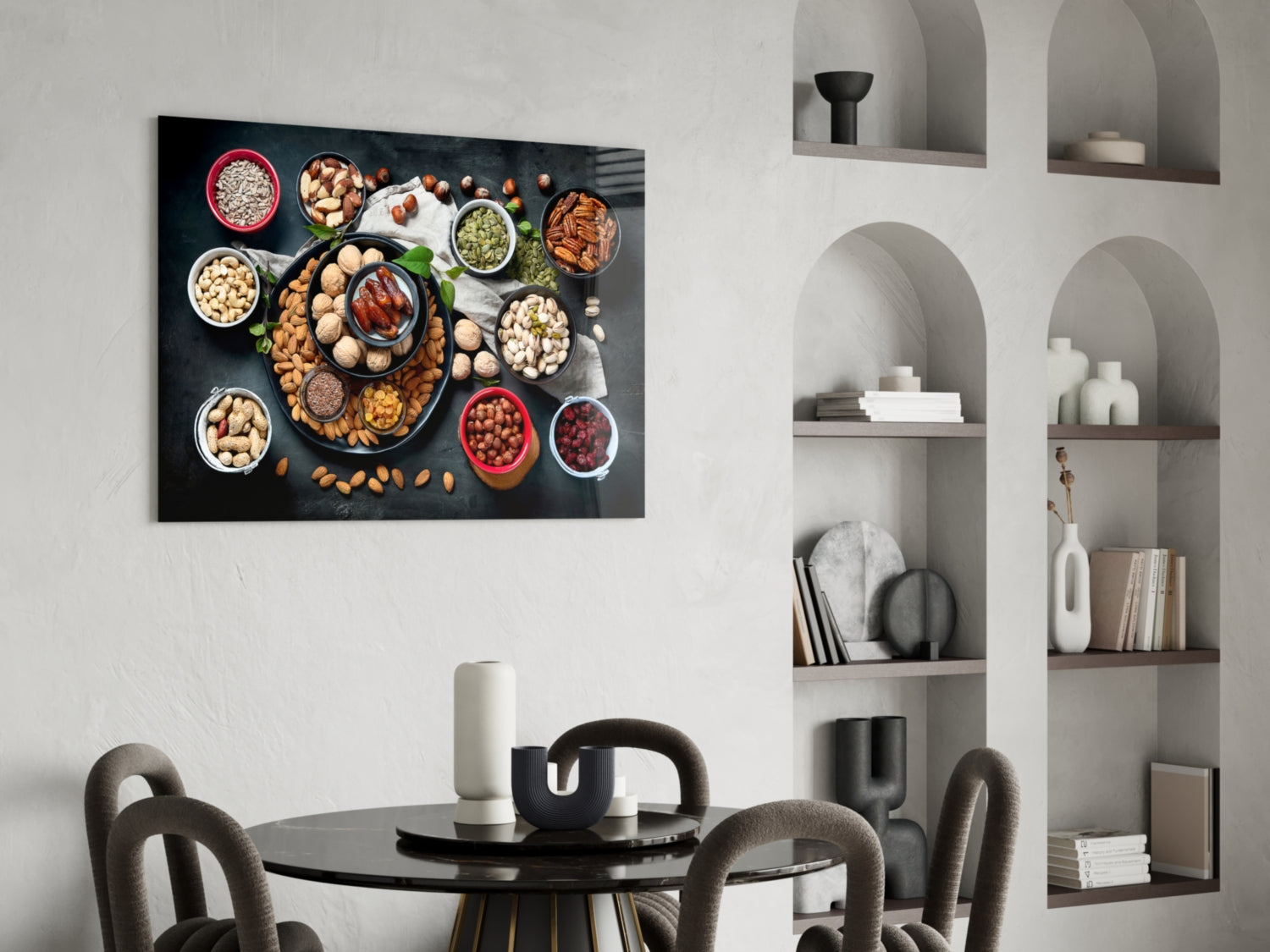 Flat Lay Mixed Nuts Bowls on Slate Glass Wall Art