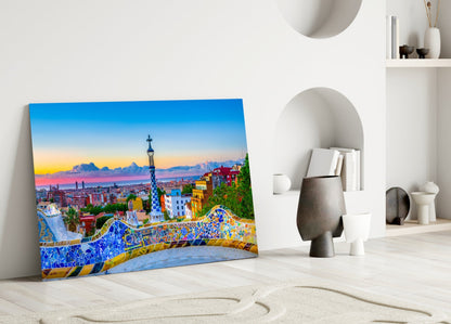 Mosaic Terrace Barcelona Sunset Skyline Glass Wall Art