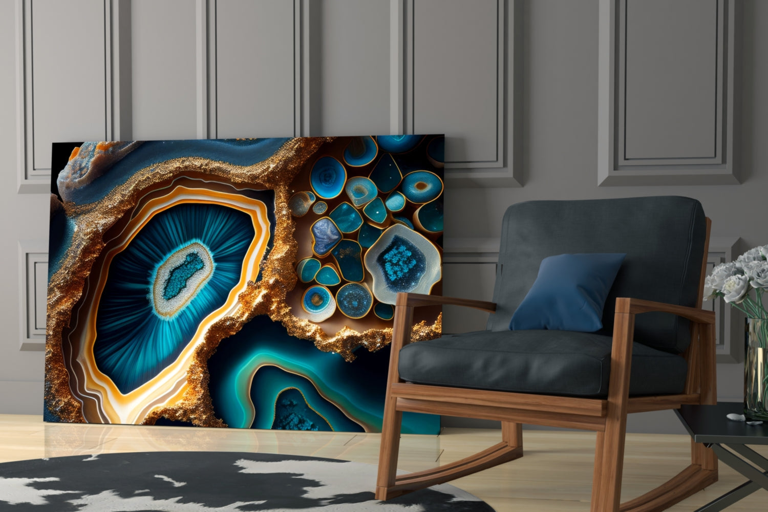 Teal Gold Agate Geode Glass Wall Art
