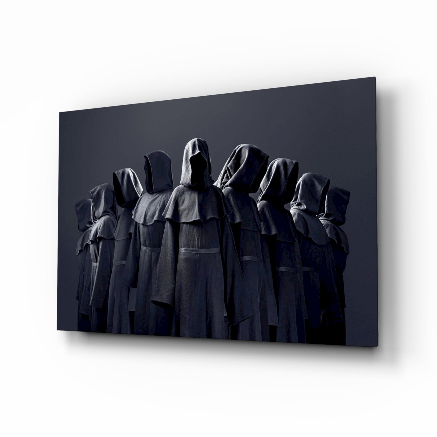 Hooded Figures in Shadow Glass Wall Art