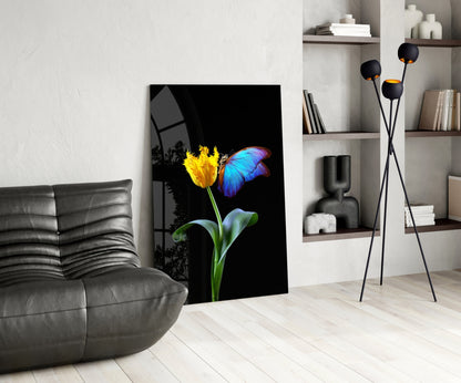 Blue Butterfly Yellow Tulip Glass Wall Art