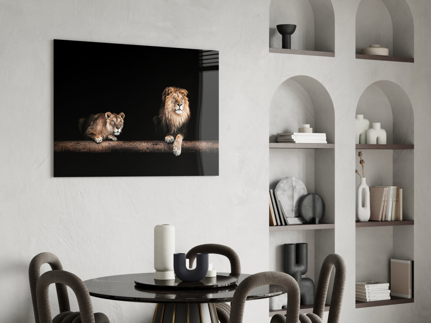 Lion and Lioness Resting on Log Glass Wall Art