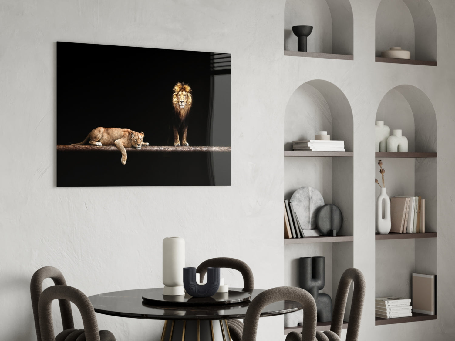 Standing Lion and Sleeping Lioness Glass Wall Art
