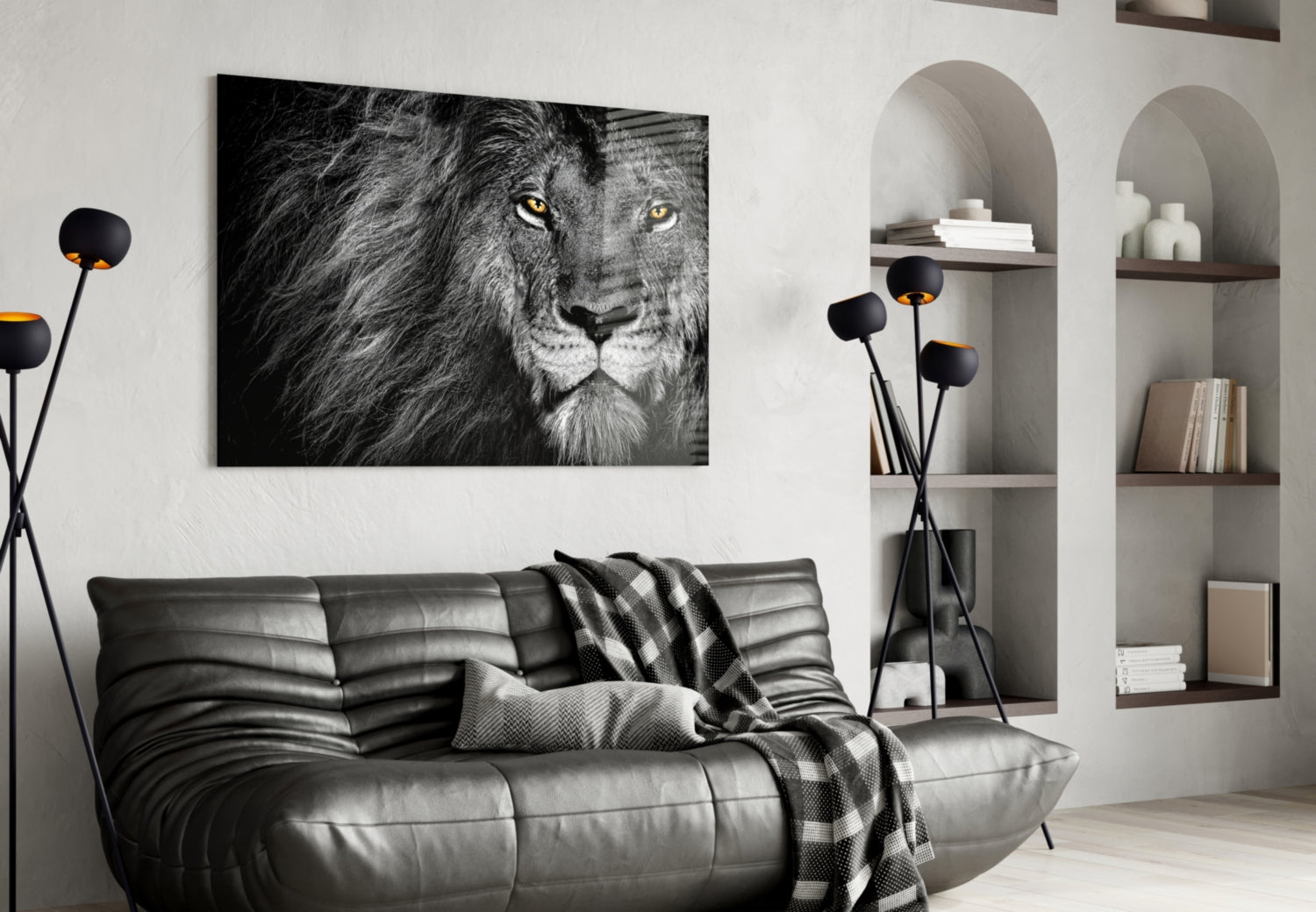 Amber Gaze Monochrome Lion Glass Wall Art