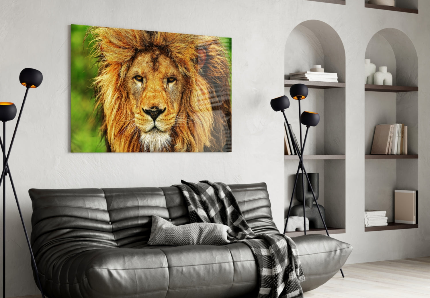 Golden Lion Green Meadow Glass Wall Art