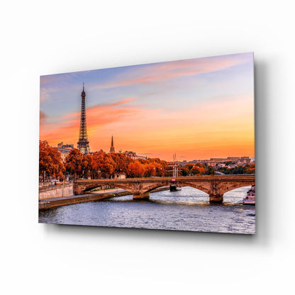 Seine River Bridge Sunset Glass Wall Art