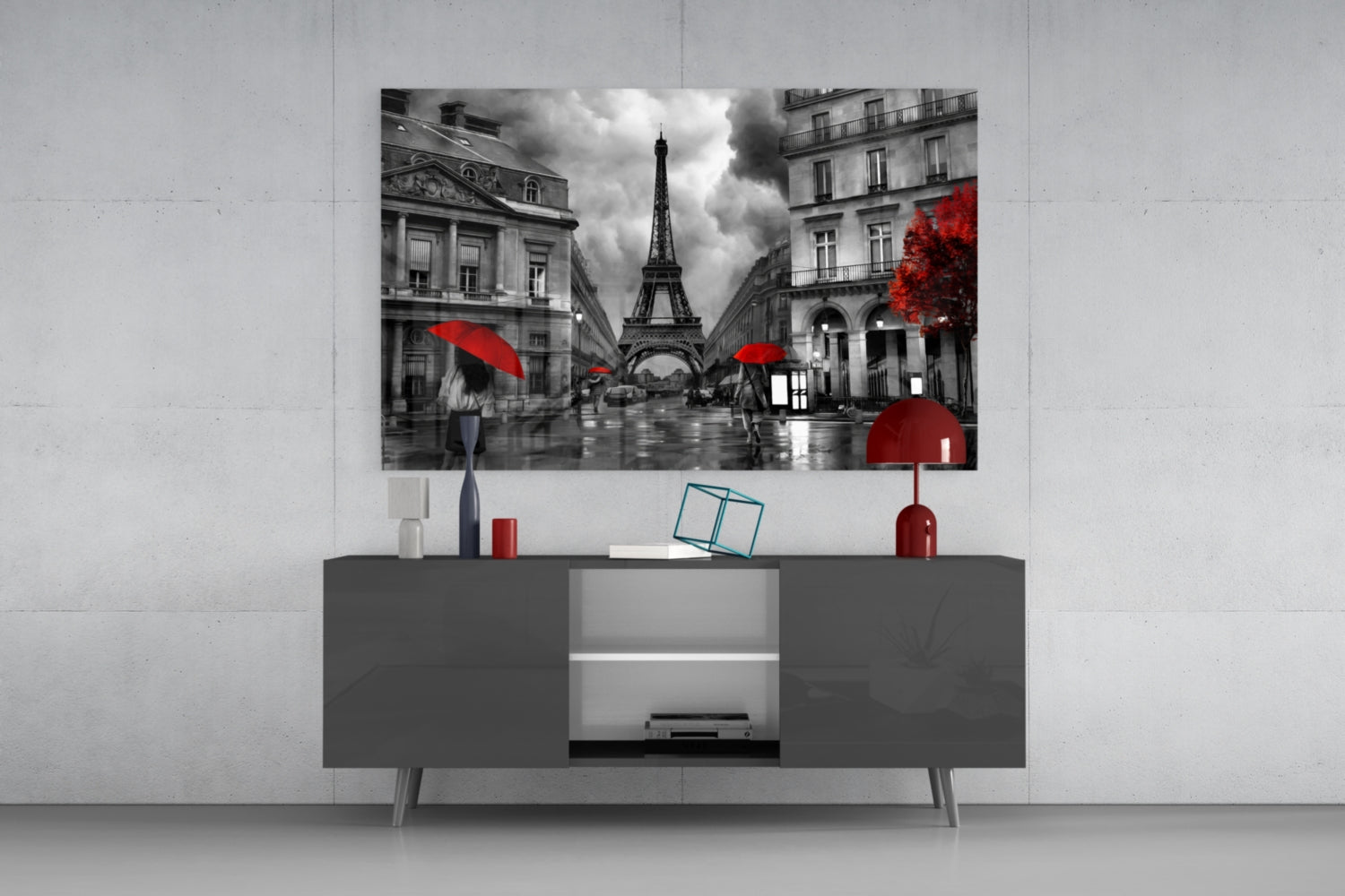 Red Umbrellas Paris Street Glass Wall Art