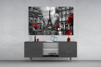 Red Umbrellas Paris Street Glass Wall Art