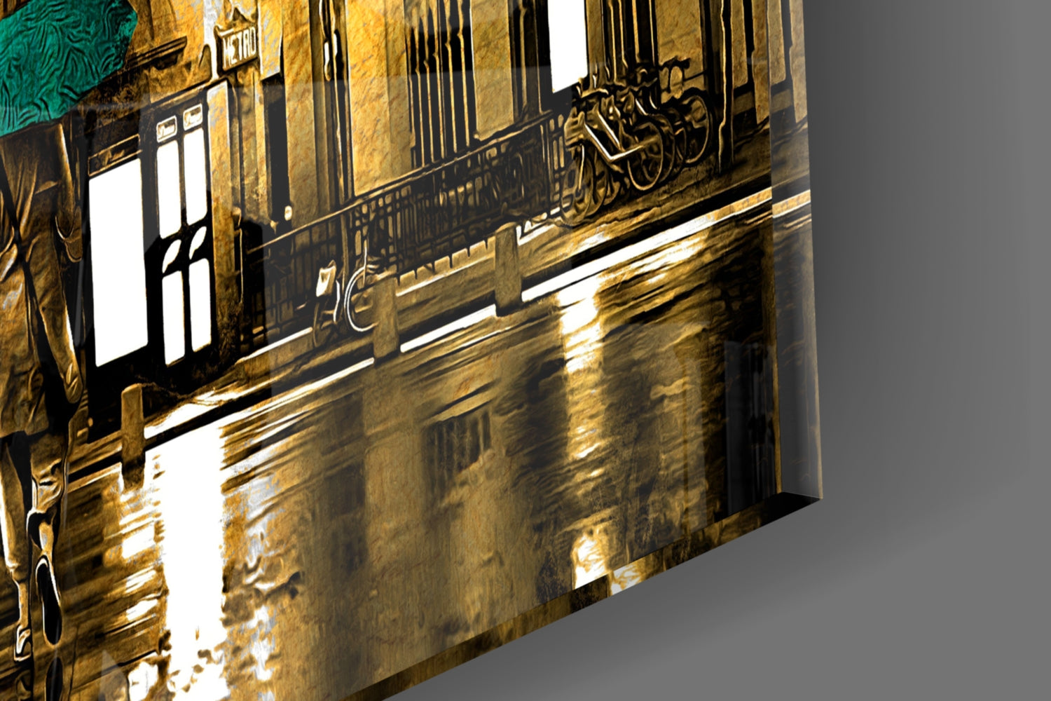Teal Umbrellas Golden Paris Glass Wall Art
