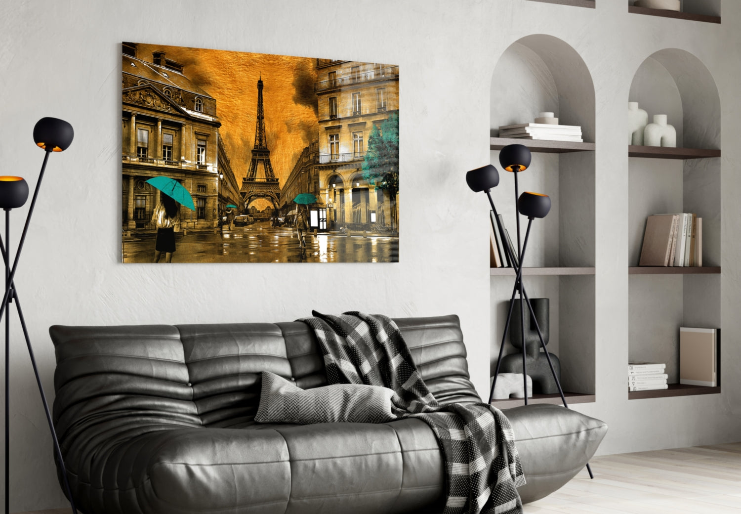 Teal Umbrellas Golden Paris Glass Wall Art