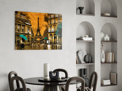 Teal Umbrellas Golden Paris Glass Wall Art