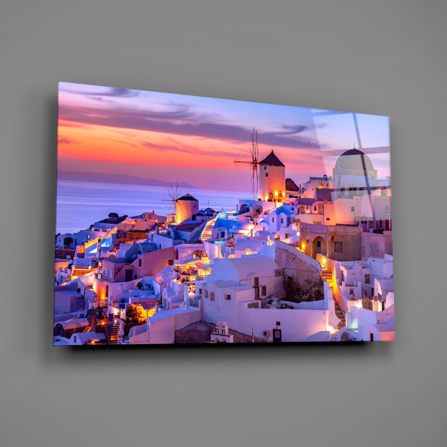 Purple Sunset Windmill Santorini Skyline Glass Wall Art