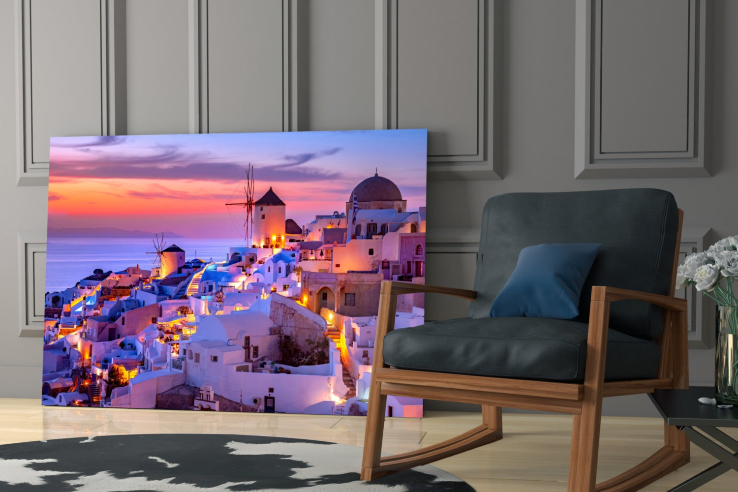 Purple Sunset Windmill Santorini Skyline Glass Wall Art