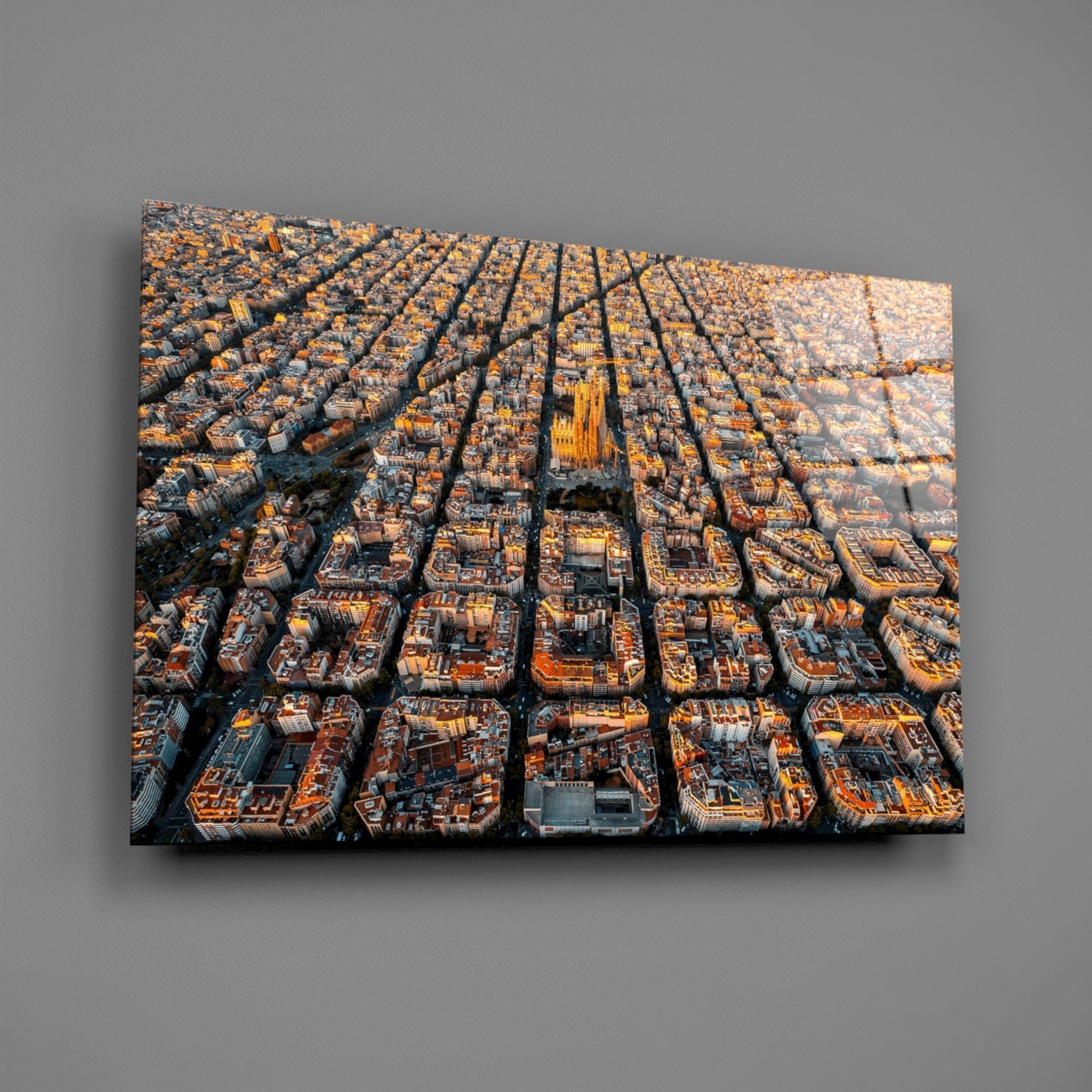 Golden Hour Aerial Barcelona City Grid Glass Wall Art