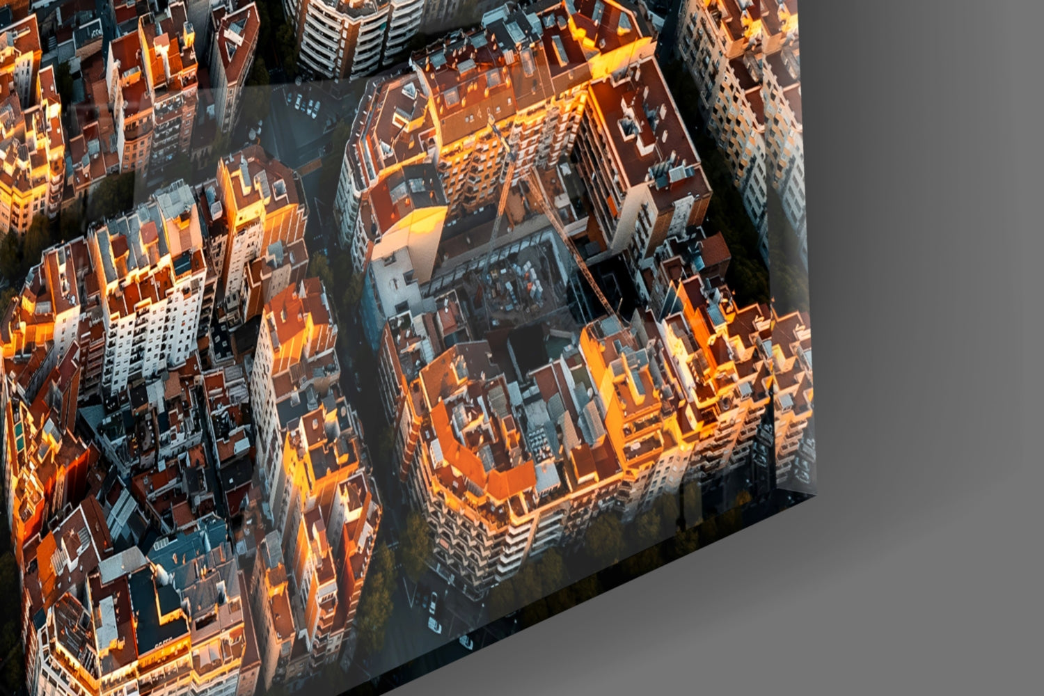 Golden Hour Aerial Barcelona City Grid Glass Wall Art